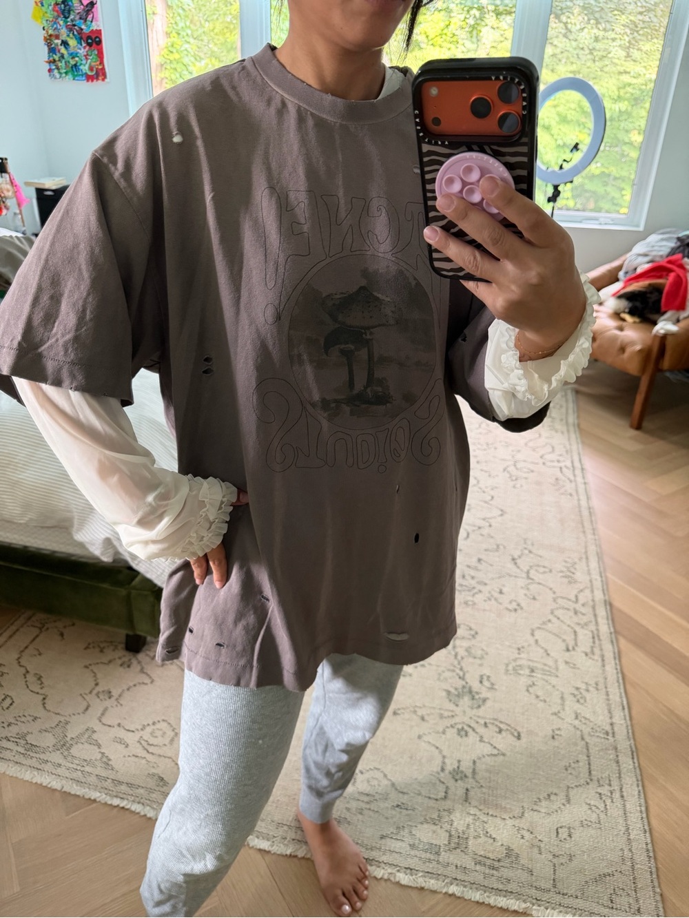 Printed Layered Distressed Organic Cotton-jersey And Chiffon T-shirt